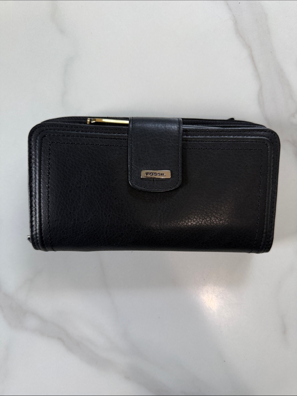 Fossil Black Leather Zip-Around Wallet with Gold Accent